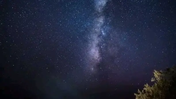 A stunning, long-exposure photo of the Milky Way galaxy stretching across a dark blue night sky filled with stars, with a tree visible at the bottom right.