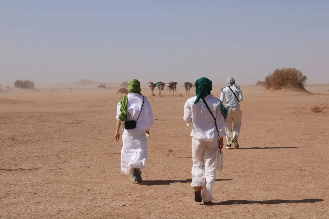 Three people in white clothing and colorful headscarves walk across a sandy desert towards a distant camel caravan.